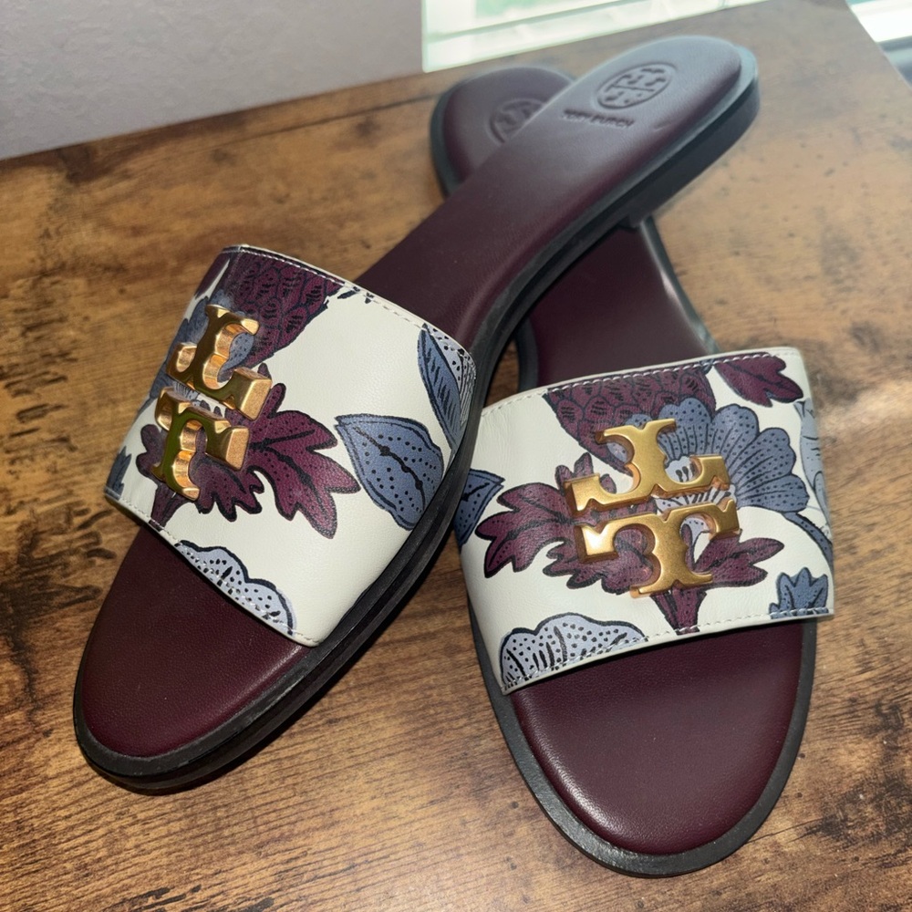Tory Burch Floral Slide Sandals Size 9 Logo Hardware Burgundy Leather - Picture 3 of 5